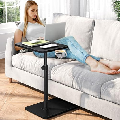 Giikin Side Table, 360 Swivel & Height Adjustable TV Trays for Eating on Couch, Sofa Armrest TV Tray Table with Cup Holder for Small Spaces, C-Shaped, Black, 11.8" D x 15.8" W x 31" H - color: Black