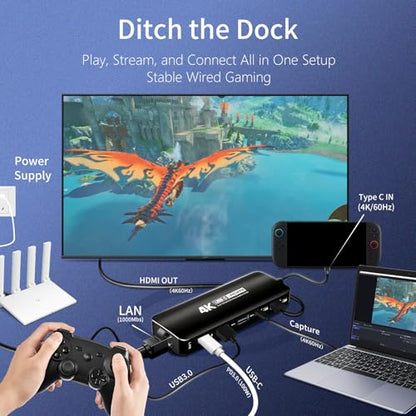 Guermok USB-C Capture Card Dock for Switch 2 & Steam Deck, 4K60 & 1080P120 | 4K@60 FPS HDMI Display & USBC Video Capture for OBS, PD100W, Ethernet, USB 3.0 Hub for Gaming Handhelds & Broadcast (Black)