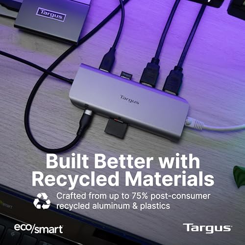 Targus Dual Video Mobile Dock with 140W EPR Power Pass-Through, Dual HDMI 4K@60Hz, USB-C & USB-A 10Gbps, SD/microSD Reader, Gigabit Ethernet, EcoSmart Design DOCK403GL