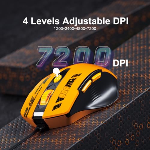 Uineer Wired Mouse, USB-A Computer Mouse with 6 Buttons,Adjustable | Plug-and-play USB-A wired connection with 6 programmable buttons, 7200 DPI and a 1.5 m cable. - color: Yellow
