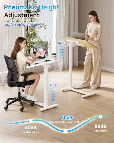 BIZUM Mobile Standing Desk Laptop Desk Pneumatic with Wheels 180° Tilt Top Hospital Bed Table Portable Rolling Cart Foldable Bedside Table for Hospital&Home Use, White - color: White