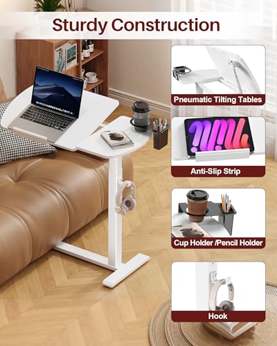 Overbed Table with Wheels, Pneumatic Lift and Tilting Top (White) | Height Adjusts 24.4–42.9 In, Desktop Tilts 0°–70° With Hidden Casters, Cup Holder, Pen Holder And Headphone Hook - color: White