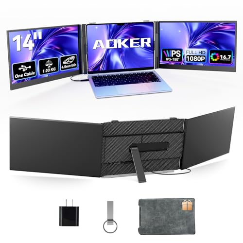 One Cable Connection Triple Laptop Screen Extender - Ultra Thin 14" Monitor IPS FHD 1080P Lightweight Portable Display for 13"-17" Laptops Compatible with Windows Mac Chrome Travel Work Setup - size: 14.3"
