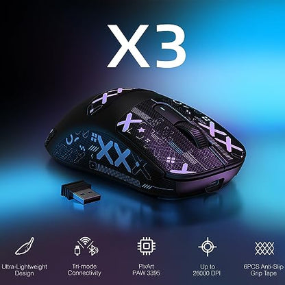 ATTACK SHARK X3 49g Ultra-Lightweight Wireless Gaming Mouse, Black&Tape | Bluetooth 5.2/2.4G Wireless/Wired, PAW3395 Gaming Sensor, 26K DPI, 200h Battery Life, Programmable Buttons for PC/Mac/Win - color: Black & Griptape