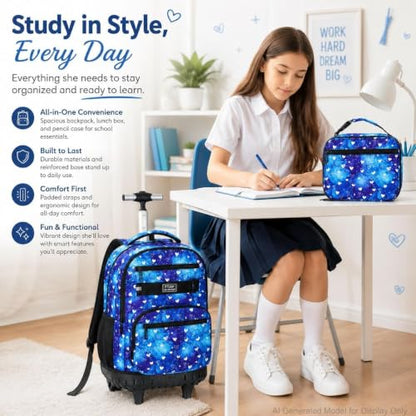 3Pcs Rolling Backpack for Girls, 19 Inche Women Roller Bag with Wheels for Adults, Wheeled Bookbag with Lunch Box(Blue) - color: Blue Love