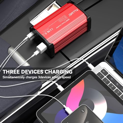 ALLWEI 300W Power Inverter 12V DC to 110V AC Car Inverter with 27W PD USB-C &18W USB-A Fast Charging, Car Charger Cigarette Lighter Adapter for Phone, Laptop and Small Devices on Road Trip-Red - color: PD27W-Red