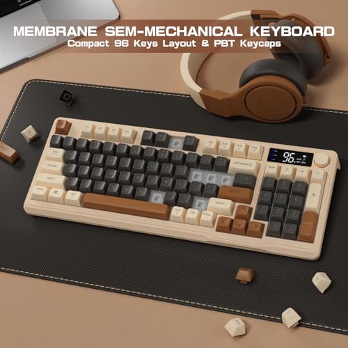 LexonElec M96 Wireless Gaming Keyboard,Knob Control Bluetooth/2.4G Wireless Mechanical Feeling Keyboard,RGB LED Backlit with Display Screen, PBT Keycap, 3000mAh, 94-Key Layout for Win/Mac(Coffee) - color: Coffee
