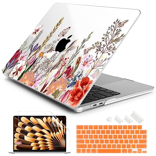 Batianda Case for MacBook Air 15" with M5 M4 M3 M2 Chip, Botanical Meadow | 4-in-1 Set with Bright Color Botanical Design, Lightweight Slim Hard Shell Protection For School Girls Women and Travelers - color: Flower field