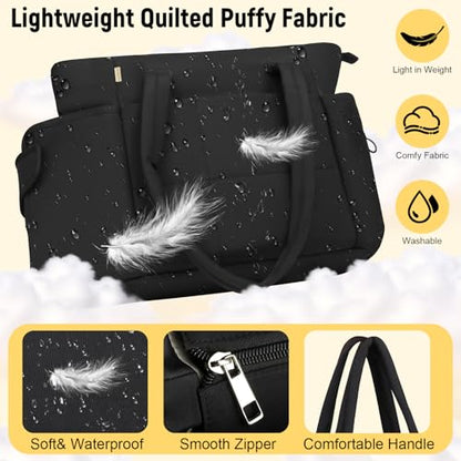Puffer Tote Bag with Large Cup Holder& 15.6 Inch Laptop Compartment, Lightweight Puffy Work Bag with Water Bottle Pocket, Large Laptop Tote with Clutch Purse for Women Teacher Nurse (Black) - color: Black