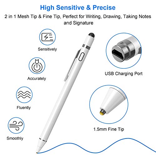 NTHJOYS 2 in 1 Rechargeable Digital Pen Fine Point Stylus for iPhone/iPad Pro/Mini/Air/Samsung and Other Touch Screens - color: White