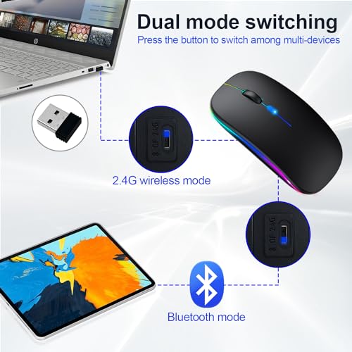 Wireless Bluetooth Mouse for iPad/MacBook Pro/Air/Laptop/pc Rechargeable Silent Mouse Portable Slim for Surface Pro/Lenovo/Samsung Tablet (LED/Black) - color: LED / Black
