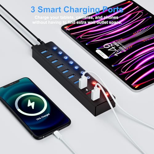 ONFINIO Powered USB Hub, 10-Port USB Splitter Hub | (7 Faster Data Transfer Ports+ 3 Smart Charging Port) with 12V/3A Power Adapter USB Extension for Mac, PC and More - style: 10 PORT QC 3.0