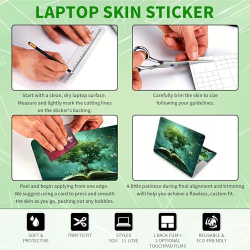 Laptop Skin Sticker Decal, Universal Protective Cover Fit 12 13 14 15.6 Inch Notebook, Reusable Water-Resistant Vinyl Decal w/ 2 Wrist Pads for Business Travel Office, Green Book Tree - color: Green Book Tree