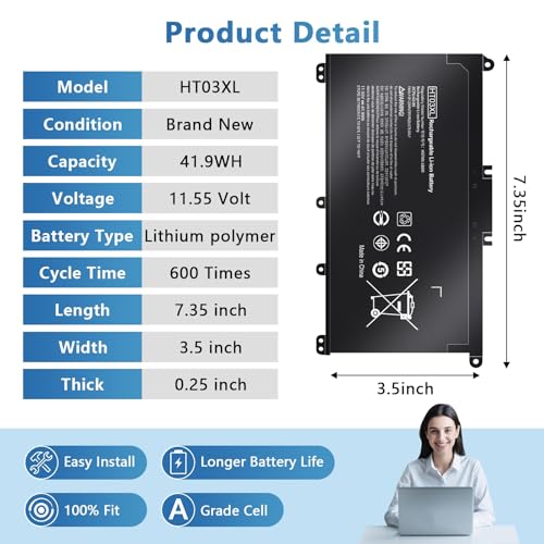 HT03XL Battery for HP L11119-855 Battery Replacement for HP Pavilion 14-CE 14-CF 14-DF 15-CS 15-DA 15-DB 15-DW 17-by 17-CA Series 14M-DH0003DX 14M-DH1003DX 15T-DA000 15T-CS200 LPD1071 15-DB0004DX - size: HT03XL for HP