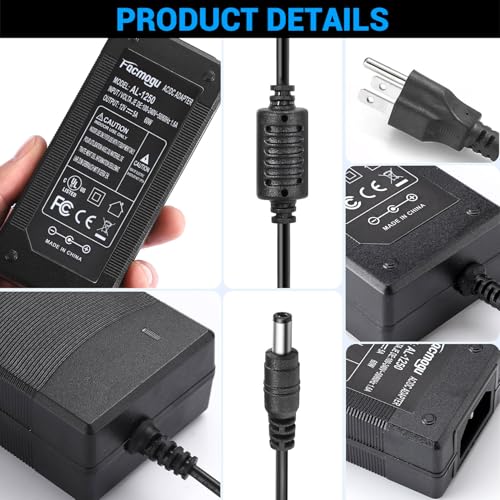 Facmogu 3 Prong 12V 5A 60W AC to DC Power Supply Adapter with 9.84ft / 3m Long Cable, 5.5x2.1mm & 2.5mm Plug, AC 100-240V to DC 12V Switching Transformer Converter for LED Strip LCD Screen - size: 12V 5A (3 Prong Plug)