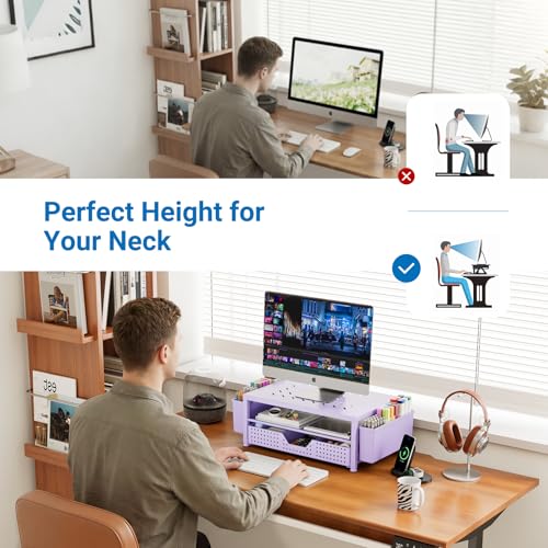 Laptop Stand for Desk Organizer, Computer Monitor Stand Riser with Drawer and 2 Pen Holders, Ventilated Perforated Steel Top, Office Desk Accessories for Home Office Supplies, Purple
