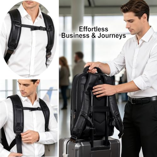 TIDING Men's Expandable Leather 17.3 Inch Laptop Business Backpack | TSA Friendly Weekend 26L Travel Daypack Water-Resistant Overnight Camping Rucksack - color: Black, size: Large(17" laptop)