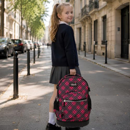 Tilami Rolling Backpack for Kids 18 inch Boys and Girls Laptop Backpack,Red grid - color: Red Grid