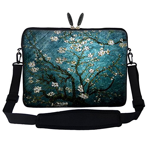 Meffort Inc 14 14.1 Inch Neoprene Laptop Sleeve Bag Carrying Case with Hidden Handle and Adjustable Shoulder Strap (Vincent Van Gogh Almond Blossom) - color: Vincent Van Gogh Almond Blossom