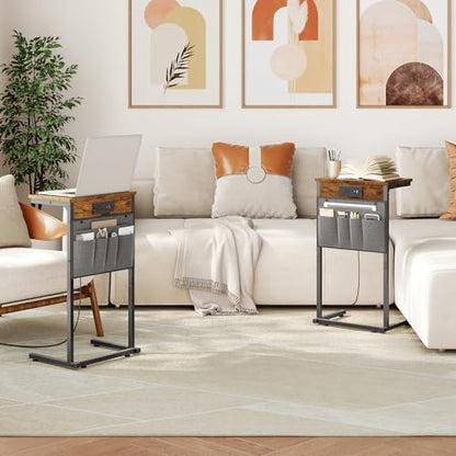 HOOBRO C Shaped End Table with Charging Station, 28" H Couch Side Table Slide Under, Sofa Arm Tray Table with Storage Bag for Living Room, Recliner, Rustic Brown BF70USF01 - color: Rustic Brown