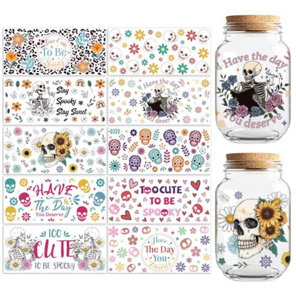 UV DTF Cup Wraps Transfer Stickers Skeleton Pattern, 10 Sheets Waterproof Custom Vinyl Transfer Sticker 16oz Coffee Glass Cup Tumbler Bottle Mug Decals for Men Women | Waterproof UV DTF Stickers, Custom Vinyl Decals for 16oz Coffee Cups Tumblers Bottles M