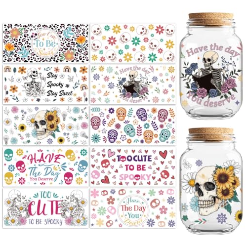 UV DTF Cup Wraps Transfer Stickers Skeleton Pattern, 10 Sheets Waterproof Custom Vinyl Transfer Sticker 16oz Coffee Glass Cup Tumbler Bottle Mug Decals for Men Women | Waterproof UV DTF Stickers, Custom Vinyl Decals for 16oz Coffee Cups Tumblers Bottles M