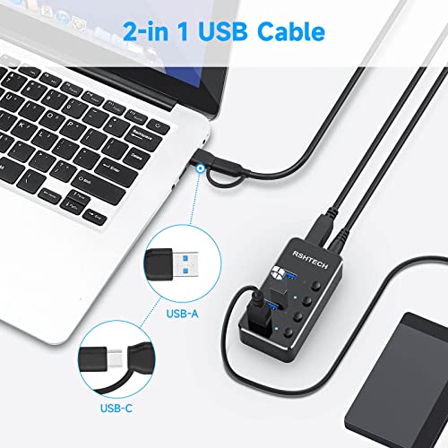 RSHTECH 4 Port Powered USB 3.0/USB C Hub Upgraded Version with 2-in-1 3.3ft USB Cable,5V Power Adapter and Individual Switches, Portable Aluminum USB Splitter for Laptop and PC, RSH-ST04 - size: 4-Port USB 3.0/USB C Hub