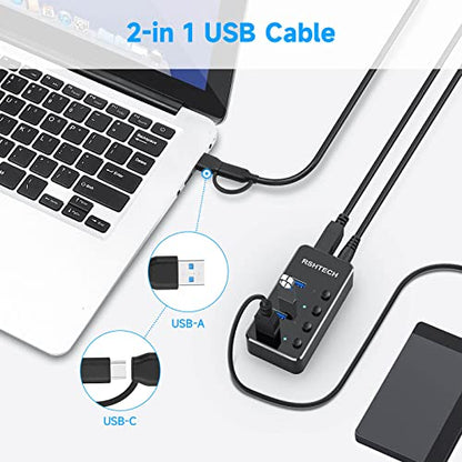 RSHTECH 4 Port Powered USB 3.0/USB C Hub Upgraded Version with 2-in-1 3.3ft USB Cable,5V Power Adapter and Individual Switches, Portable Aluminum USB Splitter for Laptop and PC, RSH-ST04 - size: 4-Port USB 3.0/USB C Hub