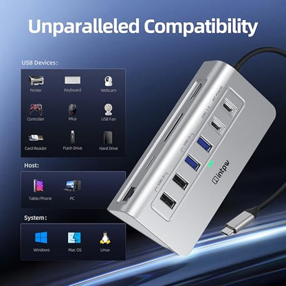 10-in-1 USB C Hub, P9R Powered USB Hub with 4K HDMI, 3 USB 3.0 5Gbps, PD 100W, 1Gbps Ethernet, SD/TF, Aluminum USB Hub for Laptop, MacBook Pro/Air, iPad Pro, iPhone 17, Dell, HP - color: Silver White, size: 1.64ft