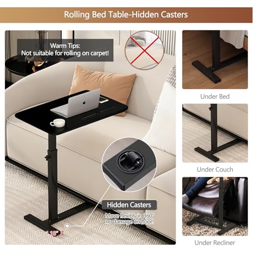 BeGyoku Overbed Table,Over The Bed Table with Hidden Wheels&Cup Holder,Adjustable Bedside Table and Rolling Table Tray&Laptop Cart,Hospital Table Over Bed for Home Use (Black) - color: Black