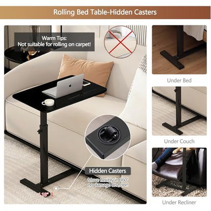 BeGyoku Overbed Table,Over The Bed Table with Hidden Wheels&Cup Holder,Adjustable Bedside Table and Rolling Table Tray&Laptop Cart,Hospital Table Over Bed for Home Use (Black) - color: Black