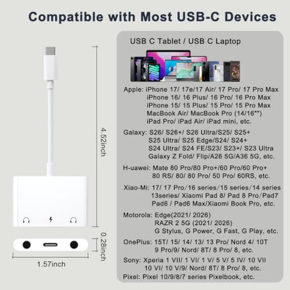 3 in 1 Headphone Adapter for iPad, Headphone Splitter for 2 Headphones | USB C to 3.5mm Jack Audio Adapter with 60W Fast Charging for iPhone 17/16/15 Pro/Max/Plus, iPad, Galaxy S26/S25/S24