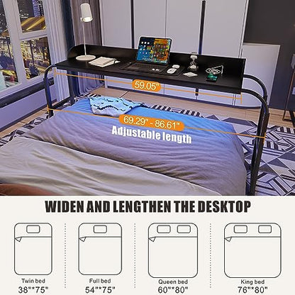 HWB Over Bed Desk with LED Light, Wheels & Charging Station, Black | Auto-sensor 3 Color LED light, Adjustable height, Smooth rolling wheels - color: Black