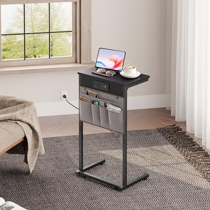 HOOBRO C Shaped End Table with Charging Station, 28" H Couch Side Table Slide Under, Sofa Arm Tray Table with Storage Bag for Living Room, Recliner, Black BB70USF01 - color: Black