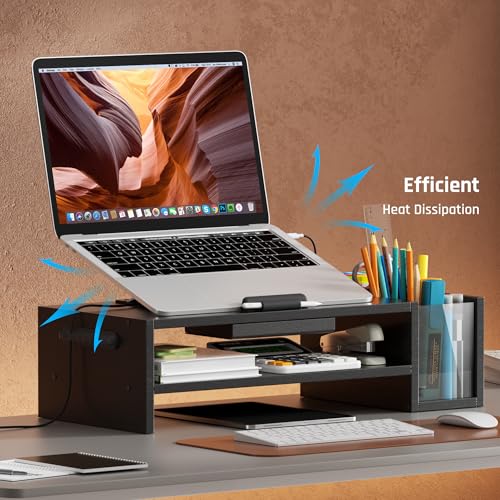 AFOOYO Adjustable Wood Laptop Stand, Ergonomic Height & Angle Computer Riser with Pen Holder – Compatible with MacBook Air/Pro, Dell, HP, Lenovo & 10-17.3" Notebooks – Black - color: Black, size: With Pen Holder