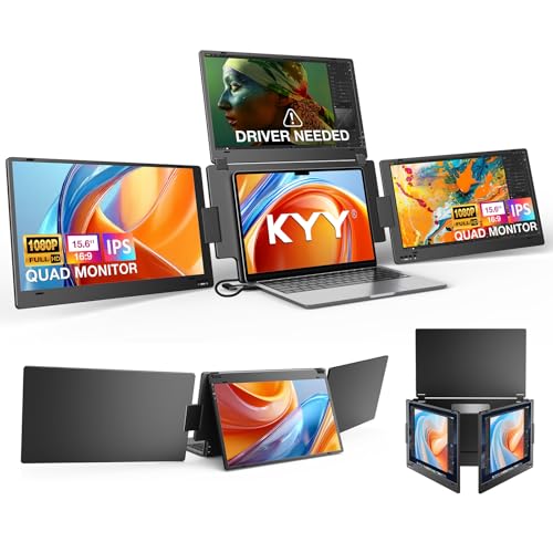 KYY Triple Screen Laptop Monitor Extender 15.6" Quad Laptop Screen Extender | Portable Triple Monitor 1080P FHD with 1 USB-C Connect 4 Screen Workstation, Aluminum Alloy, Auto Rotation for 12–17", Driver - color: Black