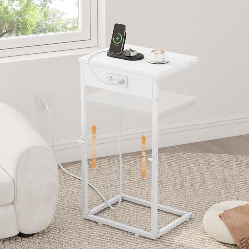C Shaped End Table with Charging Station, Adjustable Height Side Table for Couch, Small End Table Small Spaces, 33.2'' Tall Couch Tables that Slide Under, Tv Tray Table for Living Room, White - color: White (1 Pack), style: With Plug