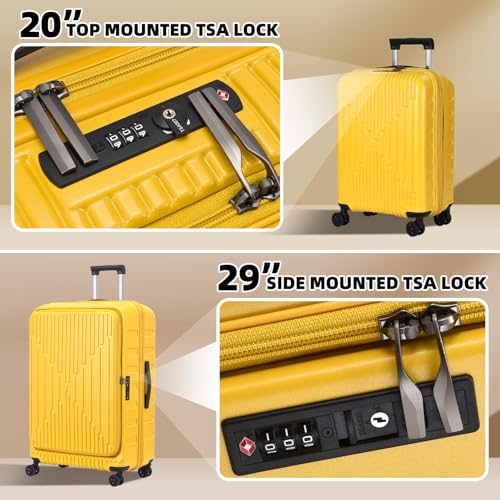 Kaleenie 2 PCS 20/29 Luggage Sets, 20” Cabin Luggage 29” Side Open Suitcase | 20 Inch with Front Pocket,29 Inch Checked Trunk Suitcase,Lightweight ABS+PC Hardshell,TSA Lock,HINOMOTO 360° Wheels,Yellow - color: Yellow, size: 20/29 Set