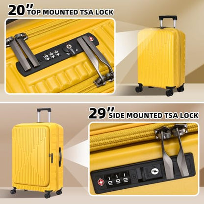 Kaleenie 2 PCS 20/29 Luggage Sets, 20” Cabin Luggage 29” Side Open Suitcase | 20 Inch with Front Pocket,29 Inch Checked Trunk Suitcase,Lightweight ABS+PC Hardshell,TSA Lock,HINOMOTO 360° Wheels,Yellow - color: Yellow, size: 20/29 Set