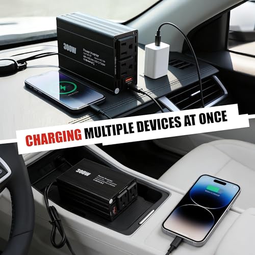 300W Car Inverter 12V-110V AC with 65W USB-C PD & QC 24W USB | 300W AC outlet – run lights, cameras, routers & gaming devices on the road
