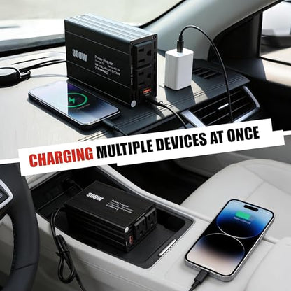 300W Car Inverter 12V-110V AC with 65W USB-C PD & QC 24W USB | 300W AC outlet – run lights, cameras, routers & gaming devices on the road