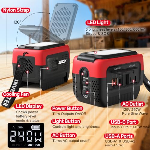 240W Power Inverter Pure Sine Wave Compatible with Craftsman 20V Battery | 7A Fast Charger, Portable Power Station with 120V AC Outlets, USB-C (140W), 2 QC USB Ports(18W), 600LM LED (No Battery) - color: Crimson