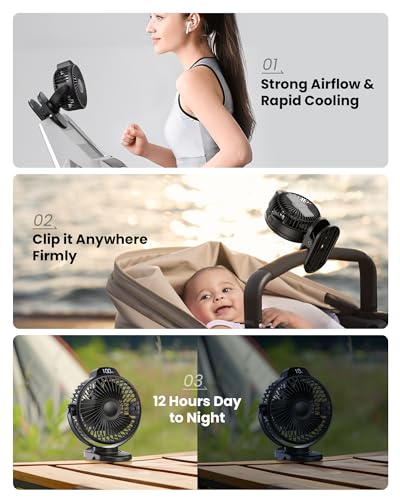 Koonie Portable Clip On Fan, Small Rechargeable Battery Operated, 3 Speeds | Mini Clamp Fan With LED Display, 360° Rotate Personal Cooling Desk Fan for Stroller Bed Travel Camping Golf Gym - color: black