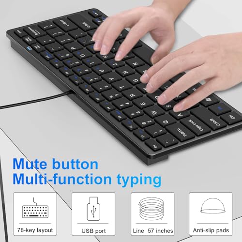 Ultra-Slim 78keys USB Mini Wired Keyboard with Media Hotkeys for Apple Mac Pro, MacBook 56Pro/ iMac, Air, Mac mini, Laptop Computers, Windows Desktop PC 11/10/8/7, with USB-A to C OTG Adapter, Black - color: Black, size: USB-A