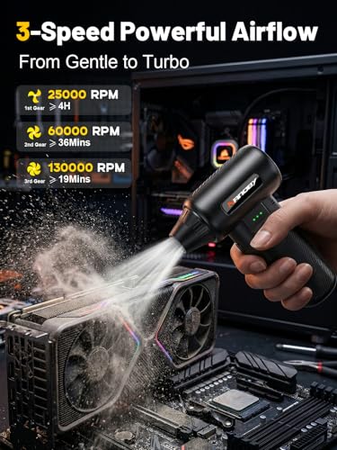 X213 Compressed Air Duster, 130000RPM, 3-Speed Adjustable, Electric | Mini Air Blower, Rechargeable, 4 Nozzles, Cordless, 0.5lb Portable, for Computer, Keyboard, House, Outdoor and Car