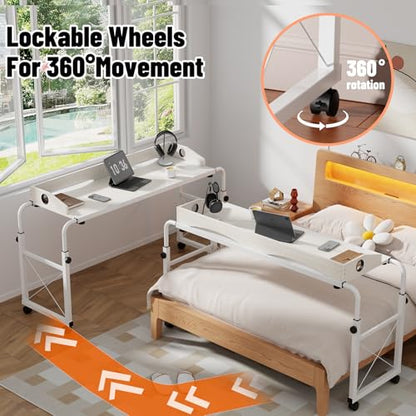 Overbed Table with Wheels, Adjustable Queen Size Bed Desk, White | Fits Twin To King Beds, Adjustable Height & Length Rolling Over Bed Table For Hospital and Home, with 4 Locking Casters - color: White