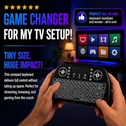 Mini Wireless Keyboard with Touchpad, Bluetooth + 2.4GHz RF Remote Control, 7-Color Backlit Rechargeable Keyboard for Smart TV, Android TV Box, Fire Stick, PC, Laptop, HTPC, Raspberry Pi & Tablet
