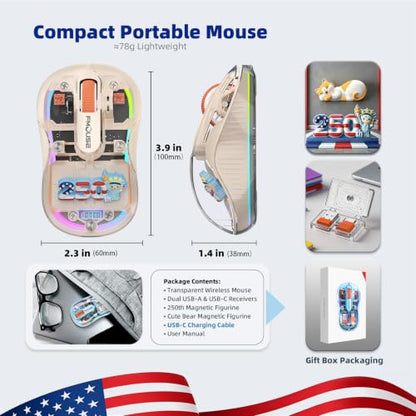 FMOUSE Transparent Wireless Mouse, 2 Cute 2026 Figurines, Tri-Mode, Cream | Rechargeable | USB-A & USB-C Receivers for Mac, iPad, Laptop | 2.4G & Dual Bluetooth | Silent Clicks | RGB | Portable - color: Cream