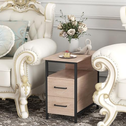 Side Tables with Charging Station, Narrow End Table with 2 Wooden Drawers, USB Ports and Power Outlets, Narrow Nightstand and Bedside Table, Side Tables Living Room, Bedroom, Greige - color: Greige