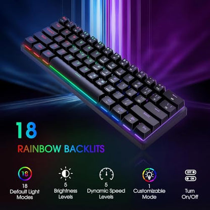 60% Wired Mechanical Gaming Keyboard with Blue Switches, LED Backlit | 61 Keys Ultra-Compact Mini Portable Office Keyboard for PC/Mac/Xbox, 18 LED Backlight, Easy to Carry On Trip, Black - color: Premium Black